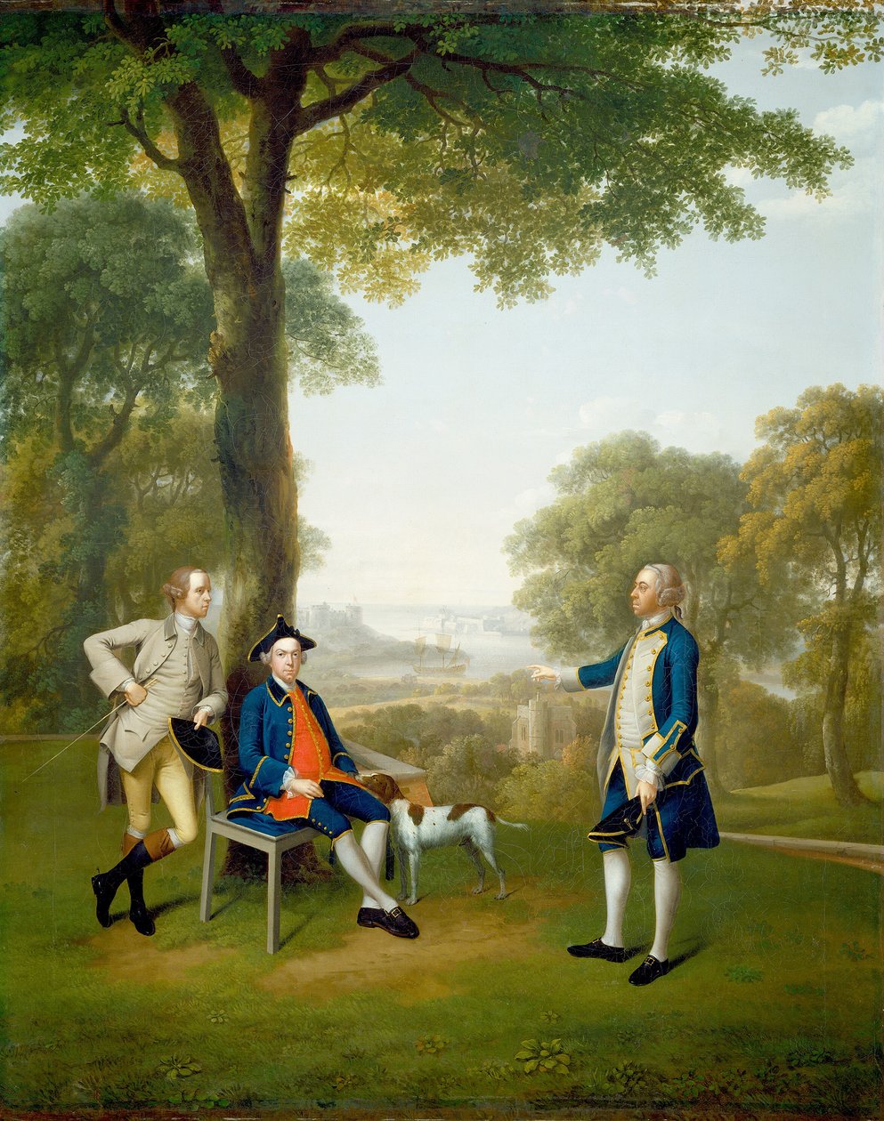 Arthur Holdsworth im Gespräch mit Thomas Taylor und Kapitän Stancombe am Fluss Dart, 1757 von Arthur Devis