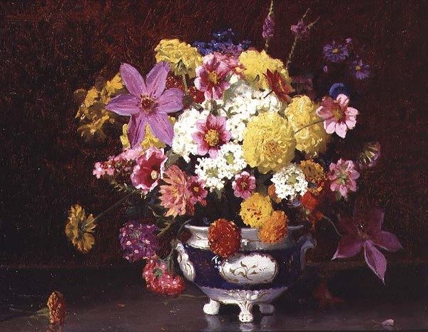 Stillleben mit Flieder und Chrysanthemen von Arthur Herbert Buckland