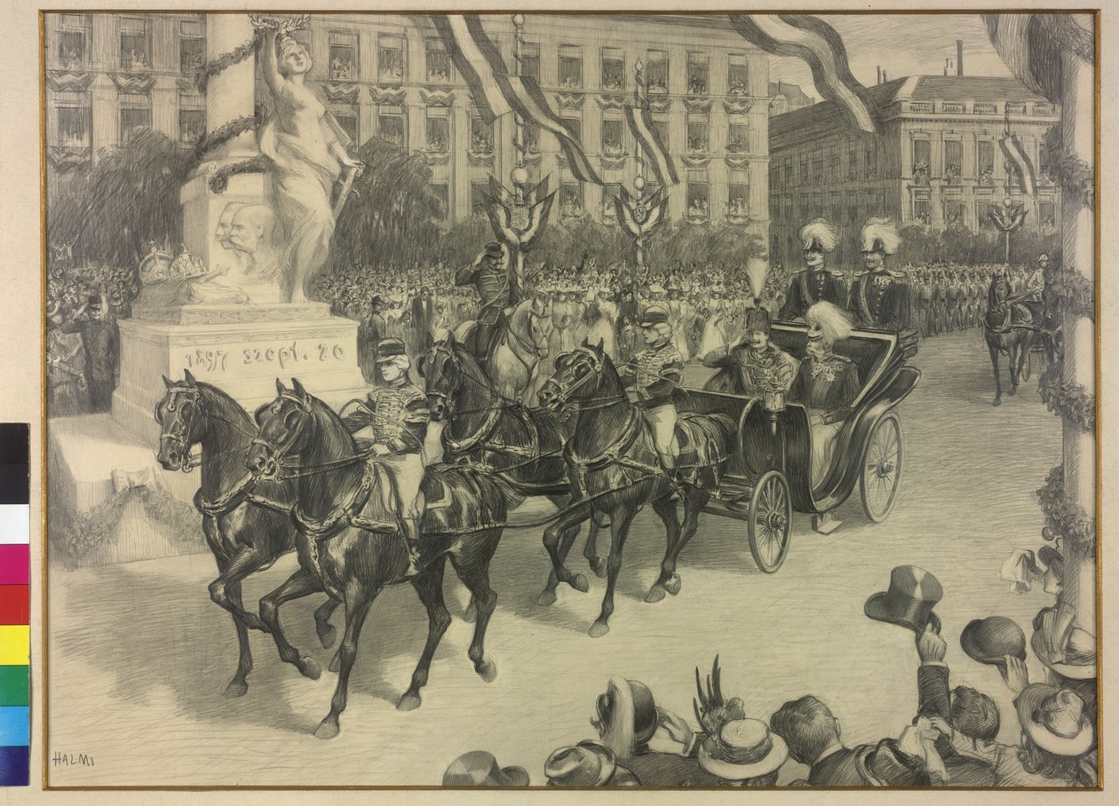 Umzug von Kaiser Wilhelm II. und Kaiser Franz Joseph I. in Budapest 1897 von Arthur Lajos Halmi