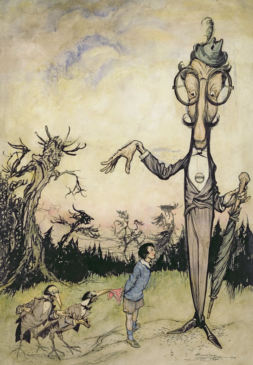 Ein Riese mit einem Kind und zwei Krähen, Illustration aus Das Buch von Betty Barber von Maggie Brown, veröffentlicht 1910 von Arthur Rackham