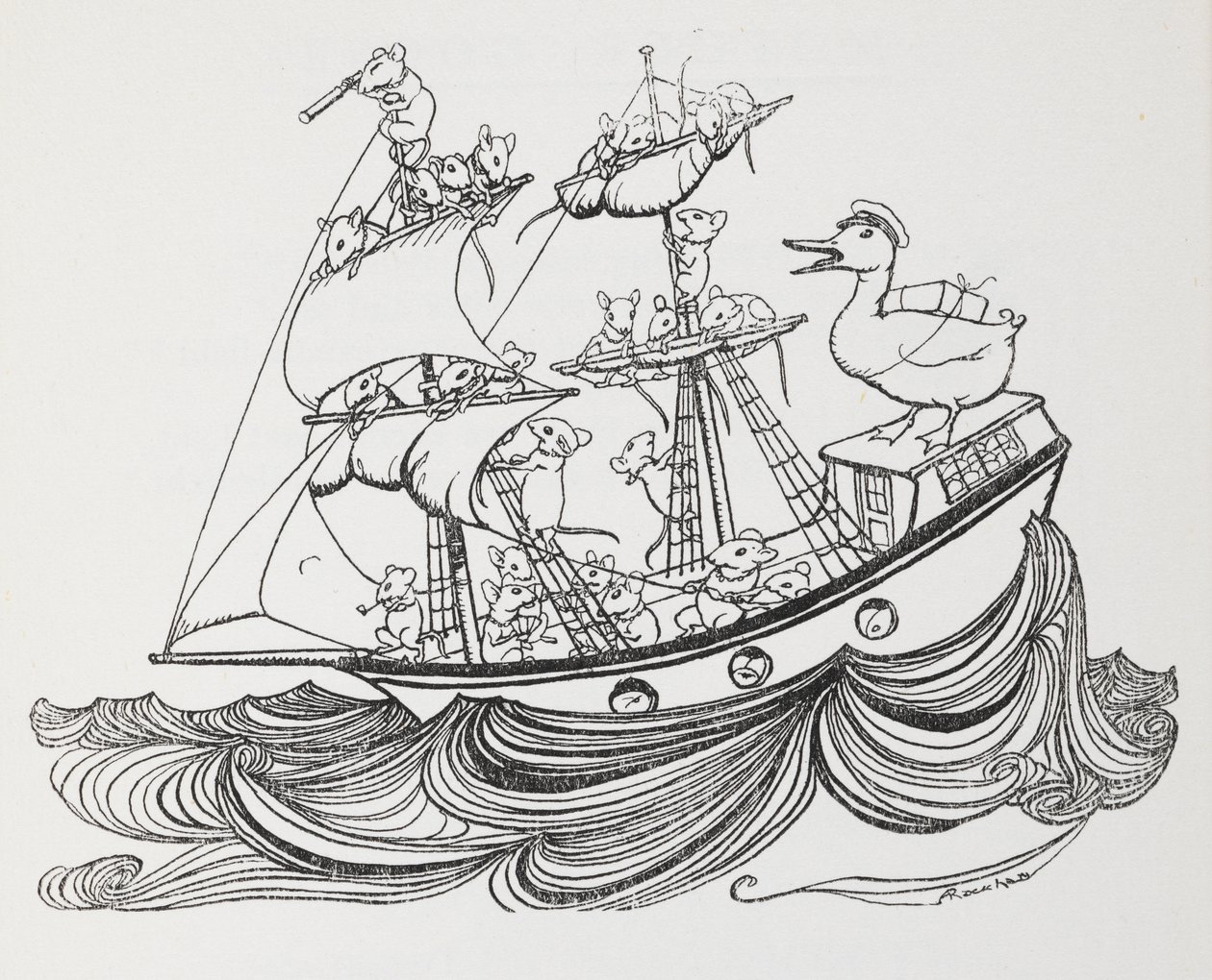 Ein Schiff, bemannt von Mäusen und kommandiert von einer Ente. von Arthur Rackham