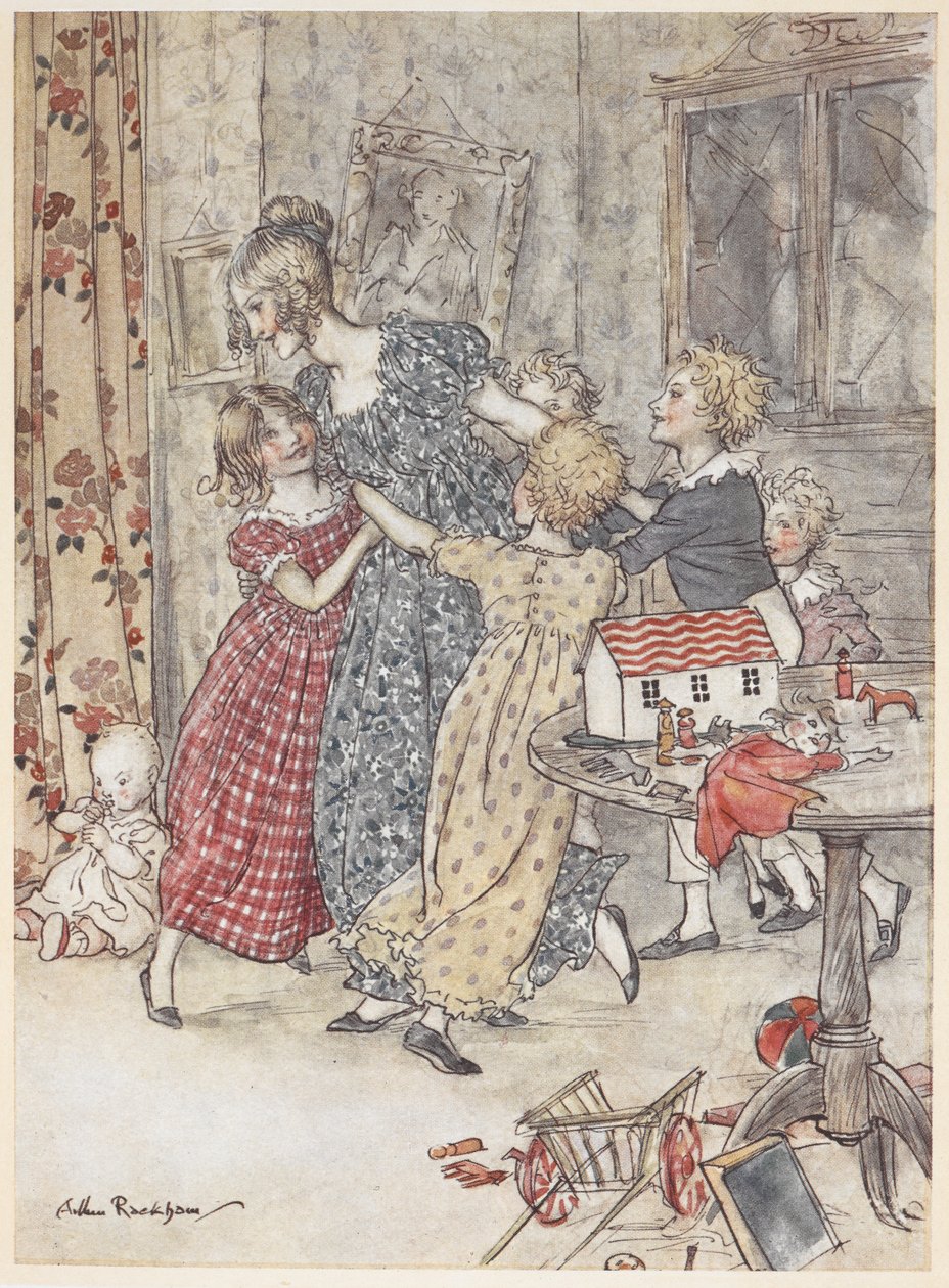 Eine junge Frau und Kinder tanzen in einem Spielzimmer voller Spielzeug. von Arthur Rackham