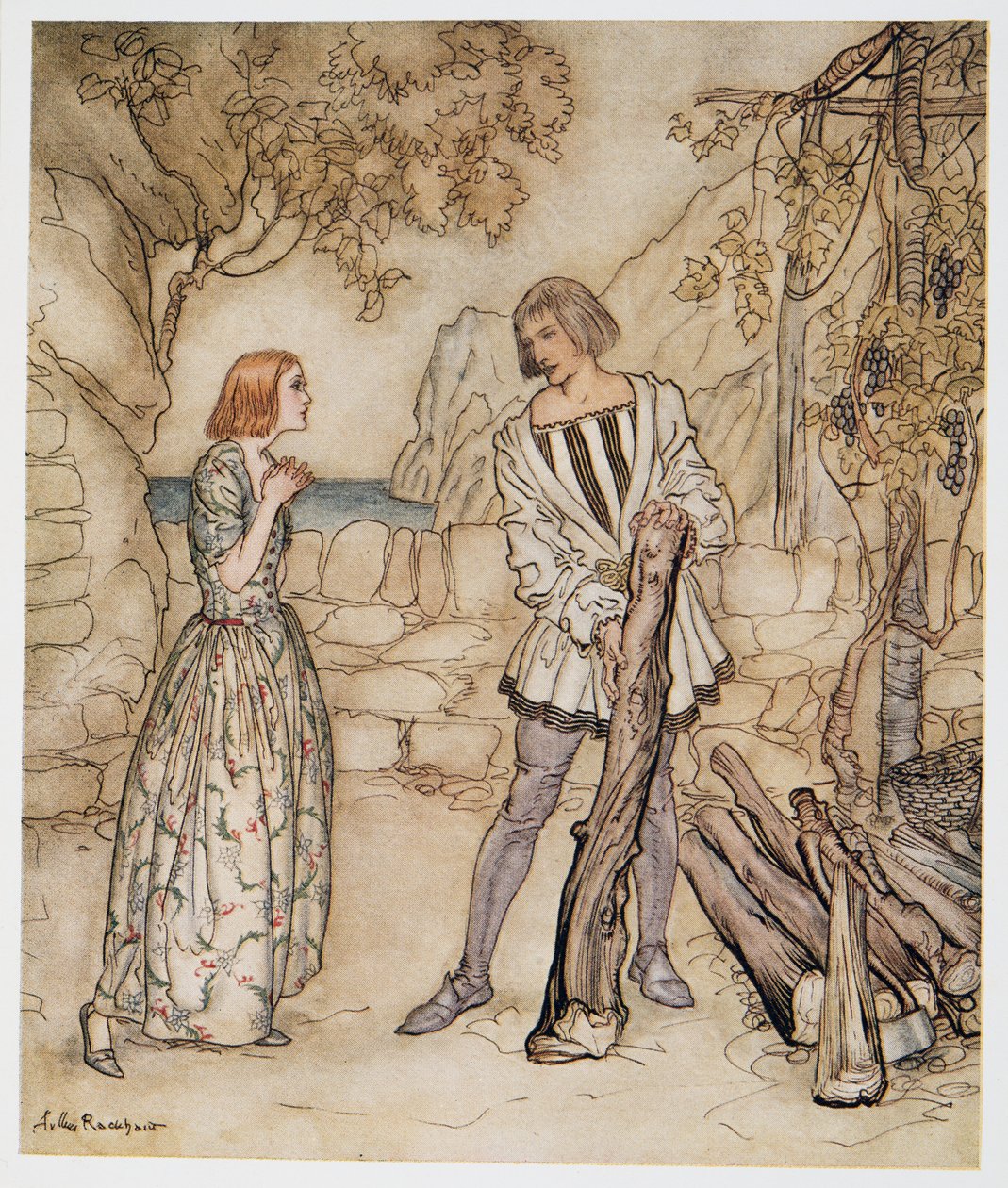Ach, jetzt, bitte, arbeite nicht so hart, Illustration aus William Shakespeares Der Sturm, veröffentlicht 1926 von Arthur Rackham