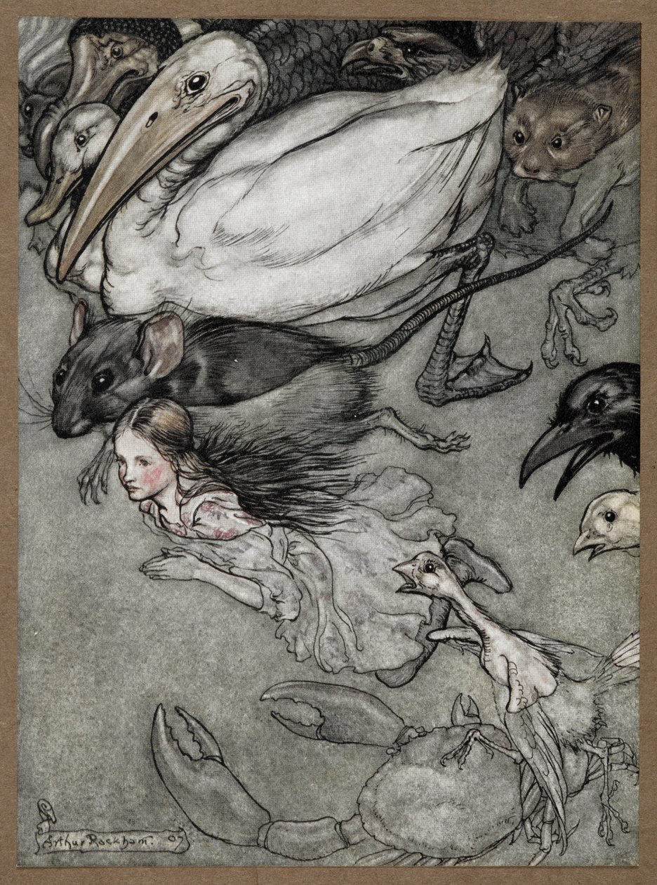 Alice und verschiedene Tiere schwimmen, darunter eine Ratte, eine Ente, ein Dodo, eine Krähe, ein Wiesel, eine Krabbe und ein Küken. von Arthur Rackham