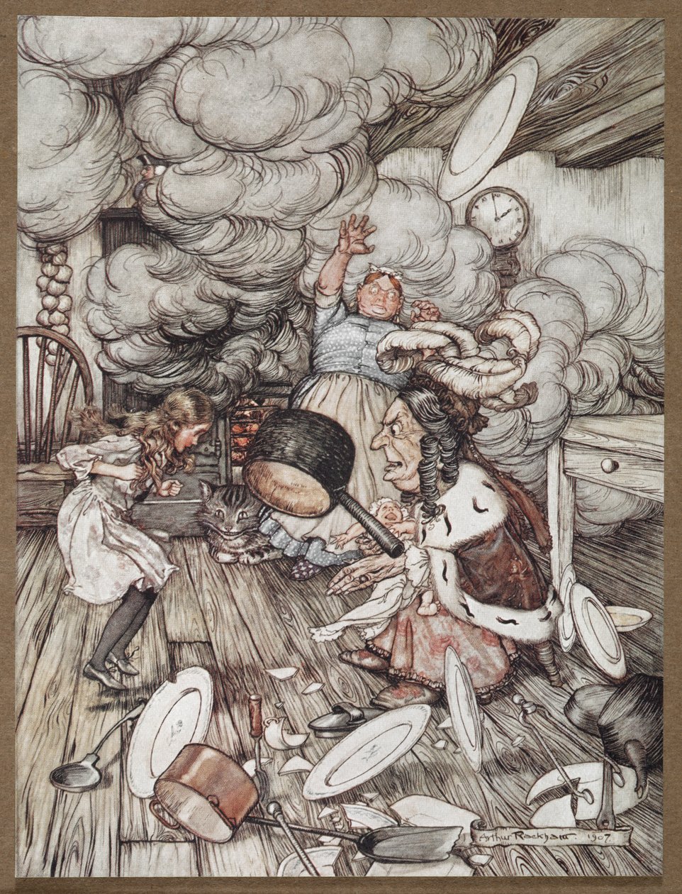 Alice in einer Küche mit der Herzogin, einem Koch und der Grinsekatze von Arthur Rackham