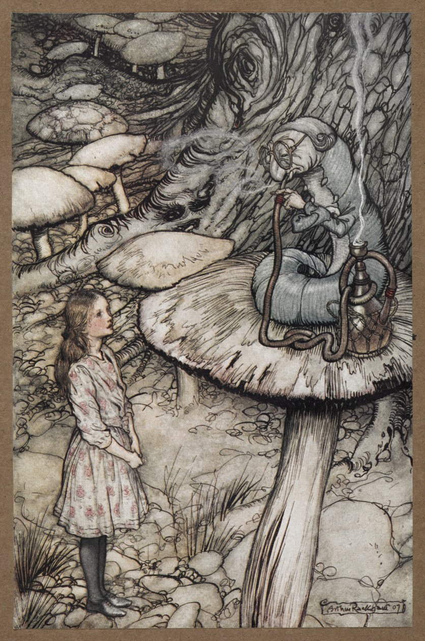 Alice spricht mit der Raupe, die auf einem Pilz sitzt und eine Pfeife raucht von Arthur Rackham