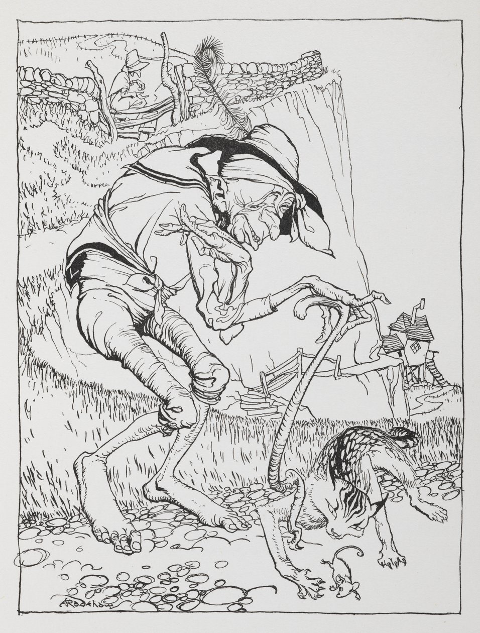 Ein alter krummer Mann mit seiner krummen Katze und seinem krummen Haus von Arthur Rackham