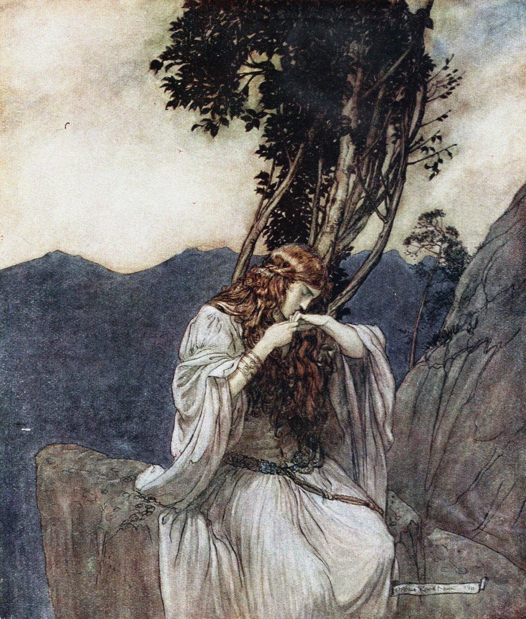 Brünnhilde küsst den Ring, den Siegfried bei ihr gelassen hat. Illustration für Siegfried und Die Dämmerung von Arthur Rackham