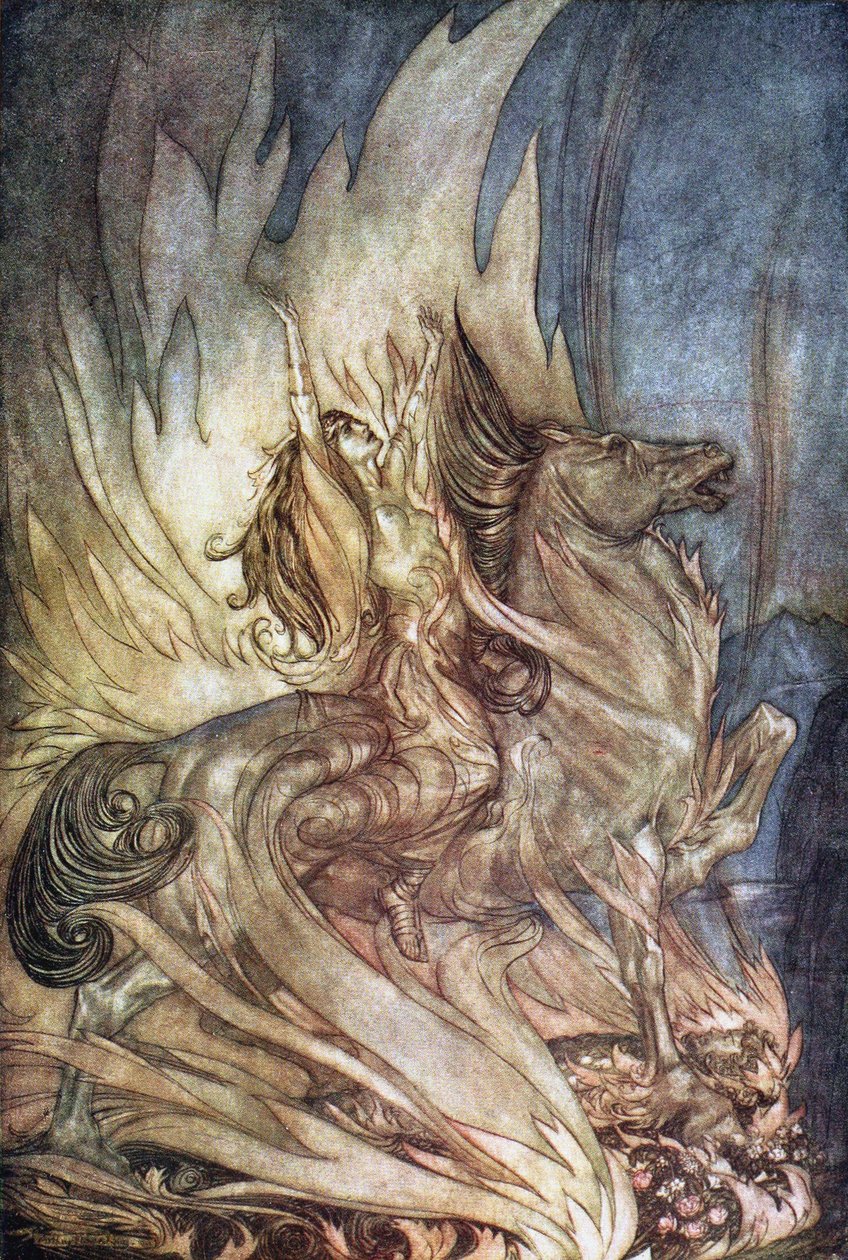 Brünnhilde auf Grane springt auf den Scheiterhaufen von Siegfried. Illustration für Siegfried und Die Tw von Arthur Rackham