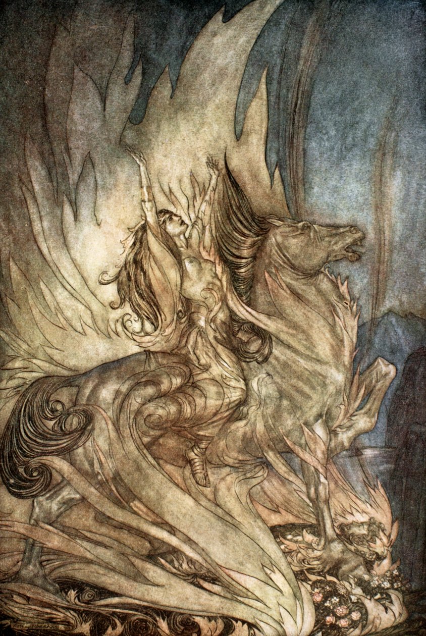 Brunnhilde auf Grane springt auf den Scheiterhaufen von Siegfried von Arthur Rackham