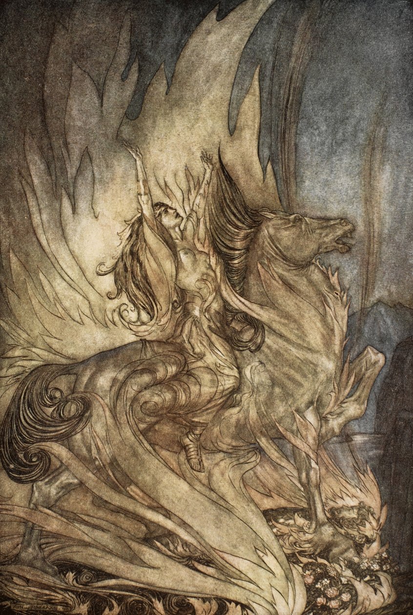 Brunnhilde auf Grane springt auf den Scheiterhaufen von Siegfried, Illustration aus 