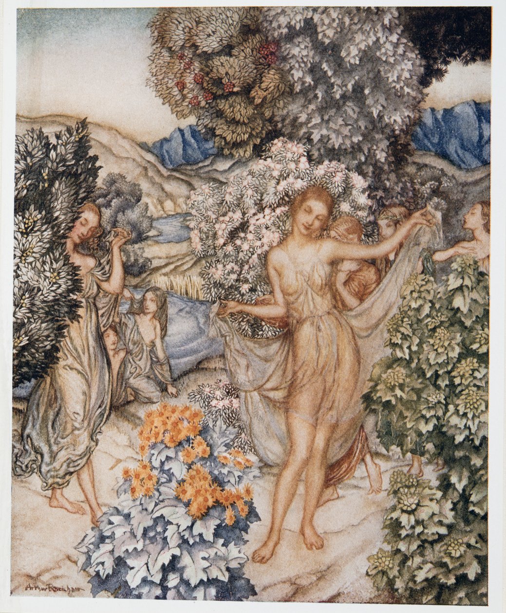 Kommt, gemäßigte Nymphen, und helft, einen Vertrag der wahren Liebe zu feiern, Illustration aus William Shakespeares Der Sturm, veröffentlicht 1926 von Arthur Rackham