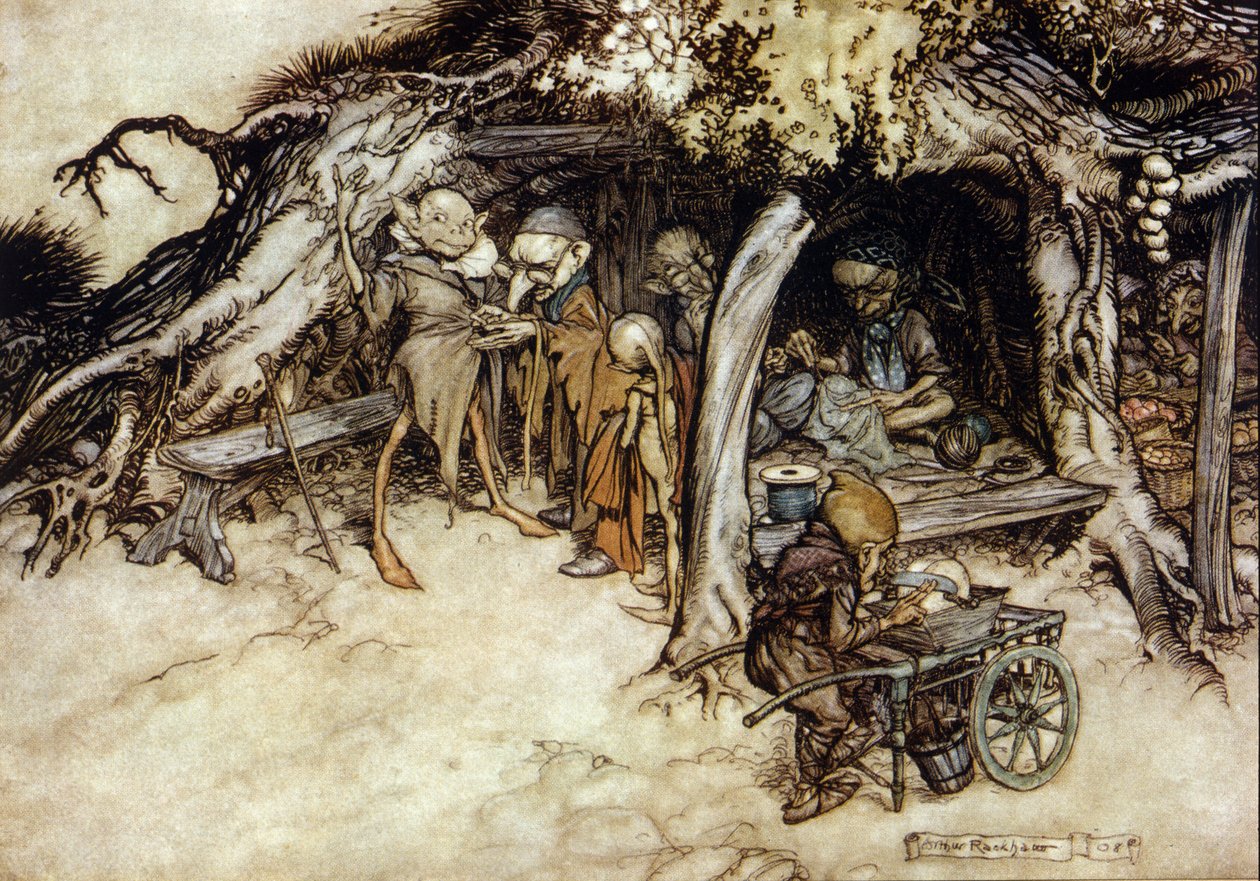 Elfen machen eine Jacke. Illustration von Arthur Rackham (1867-1939) für Ein Sommernachtstraum von William Shakespeare von Arthur Rackham
