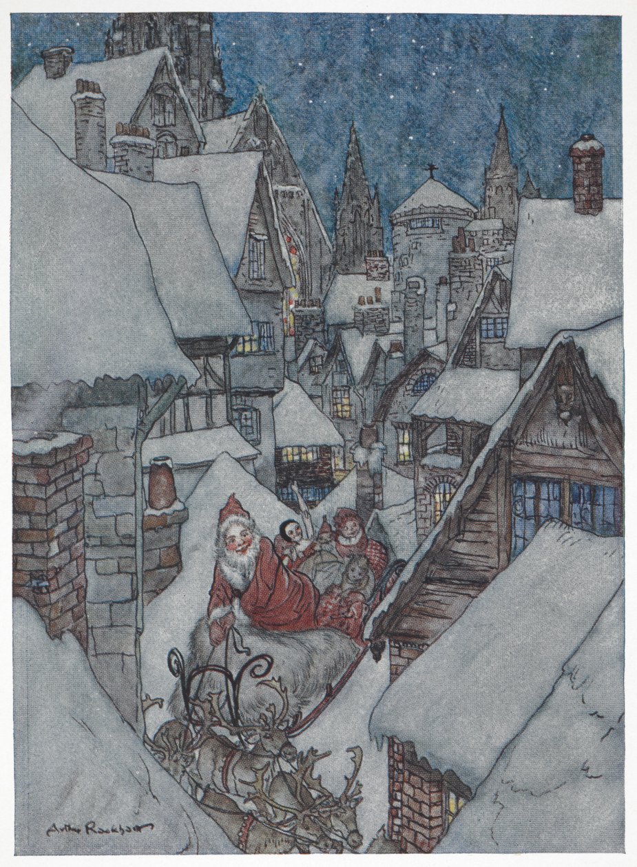 Weihnachtsmann fährt mit seinem Schlitten durch verschneite Straßen von Arthur Rackham