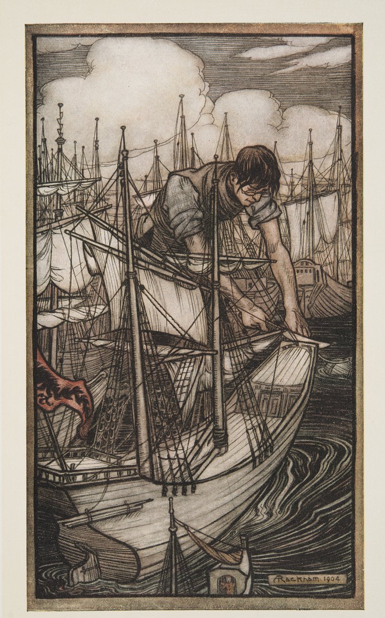 Gulliver ergreift die feindliche Flotte, aus Gullivers Reisen von Jonathon Swift von Arthur Rackham