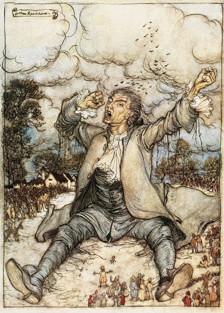 Gulliver erwacht in Lilliput, Illustration aus Gullivers Reisen von Jonathan Swift, von Arthur Rackham von Arthur Rackham