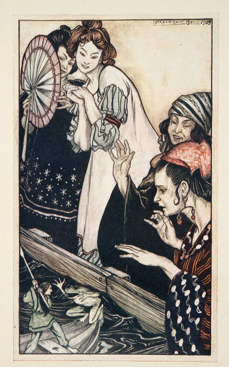 Gullivers Begegnung mit dem Frosch, aus Gullivers Reisen von Jonathan Swift (1667 - 1745), veröffentlicht 1909 von Arthur Rackham