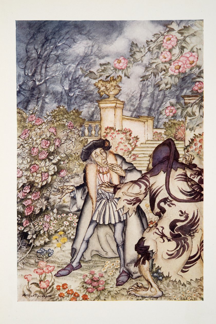 Er hörte ein lautes Geräusch und sah ein Tier auf sich zukommen, so furchterregend anzusehen, dass er vor Angst fast in Ohnmacht fiel, aus The Arthur Rackham Fairy Book, veröffentlicht 1933 von Arthur Rackham
