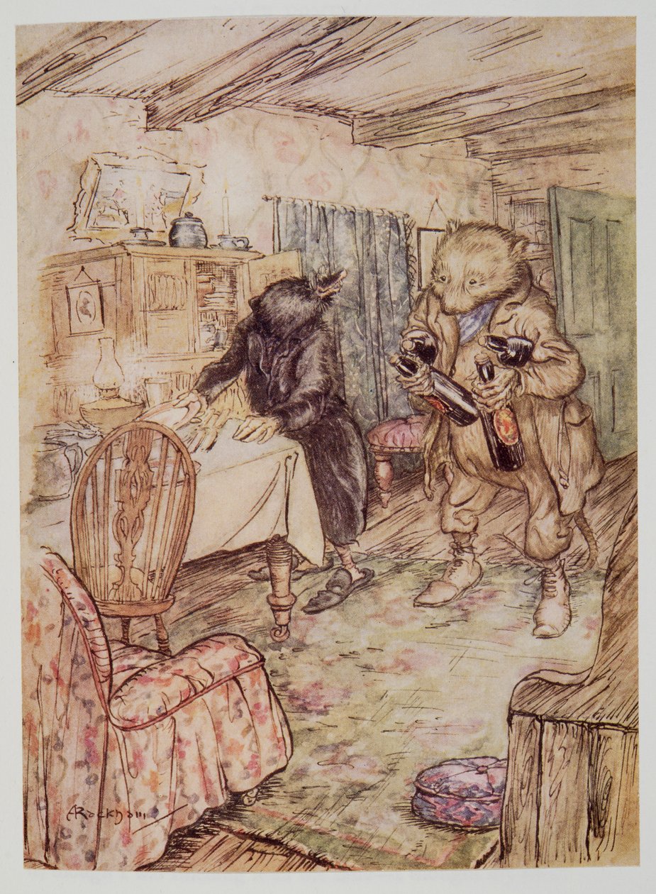 Er tauchte bald wieder auf, etwas staubig, mit einer Flasche Bier in jeder Pfote und einer weiteren unter jedem Arm, aus Wind in den Weiden von Kenneth Grahame (1859 - 1932), veröffentlicht 1940 von Arthur Rackham