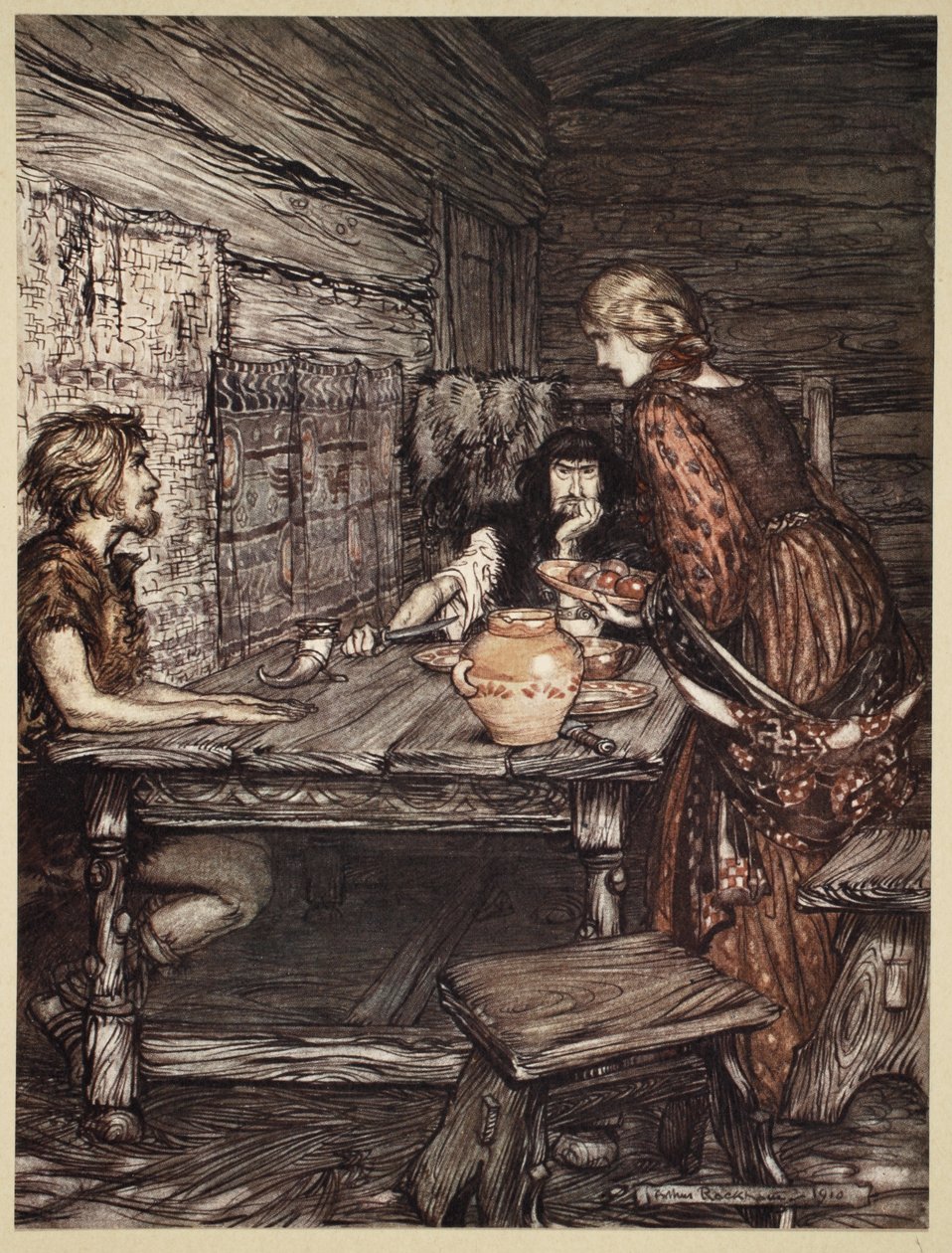 Hunding entdeckt die Ähnlichkeit zwischen Siegmund und Sieglinde, Illustration aus 