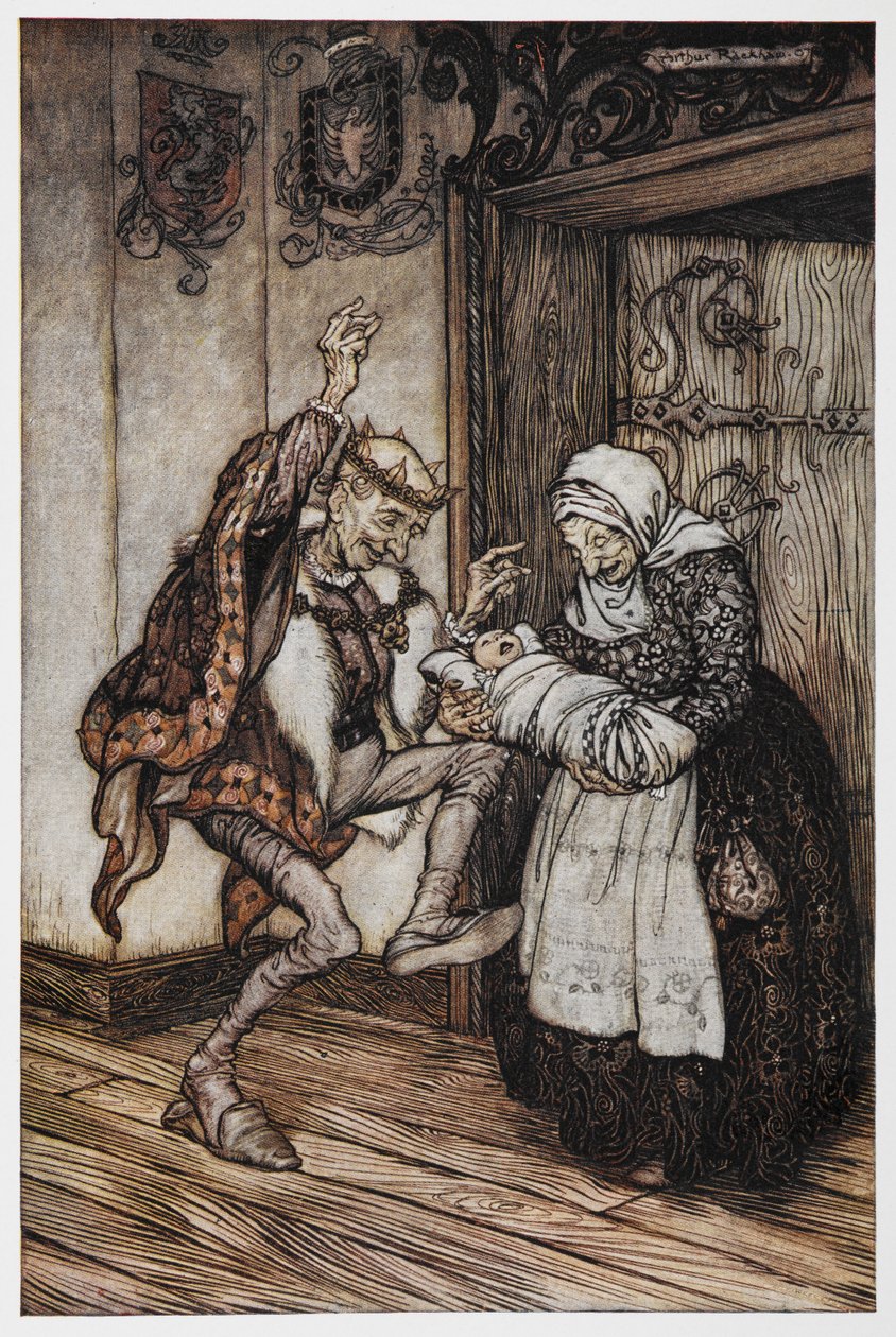 Illustration aus Dornröschen von einem alten König und einer alten Königin und ihrem Baby. von Arthur Rackham