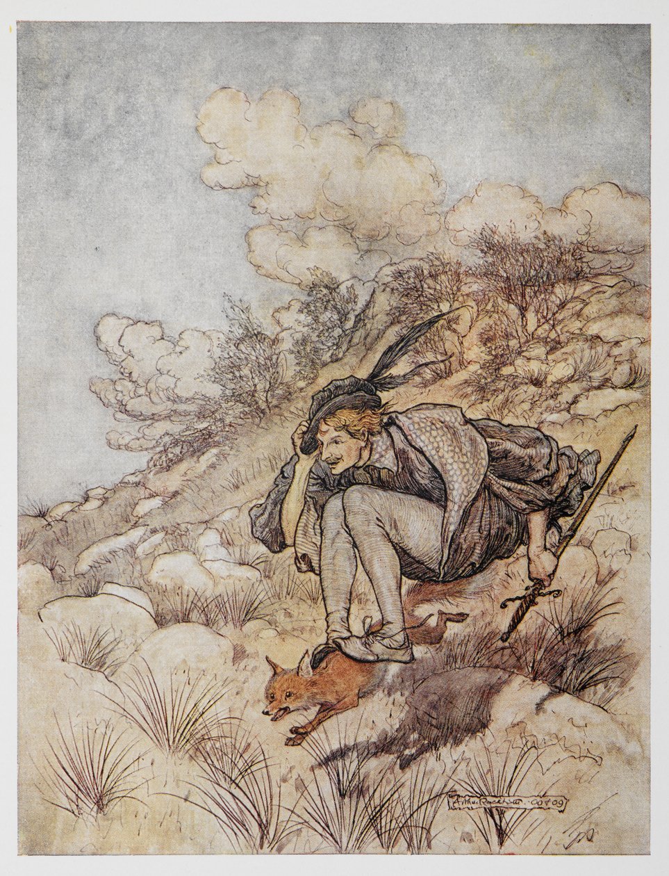 Illustration aus Der goldene Vogel. Ein Prinz reitet auf einem Fuchs von Arthur Rackham