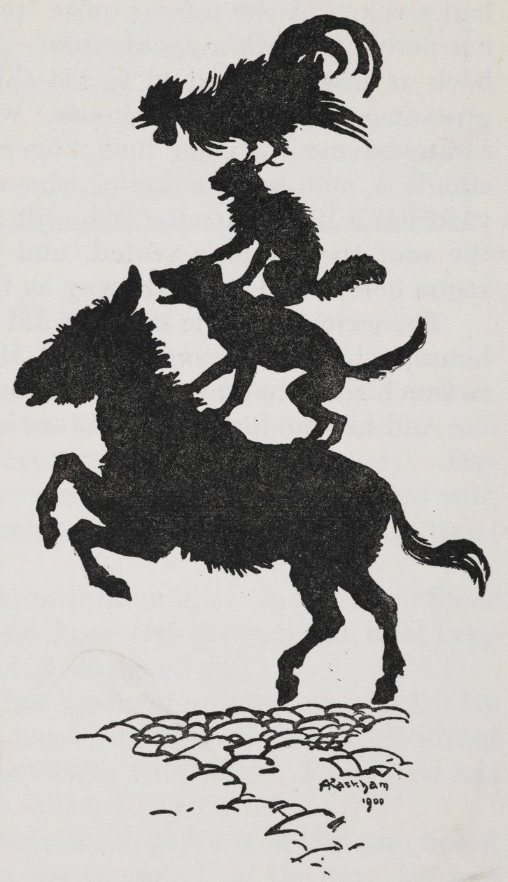 Illustration der Bremer Stadtmusikanten mit einem Esel, Hund, Katze und Hahn von Arthur Rackham