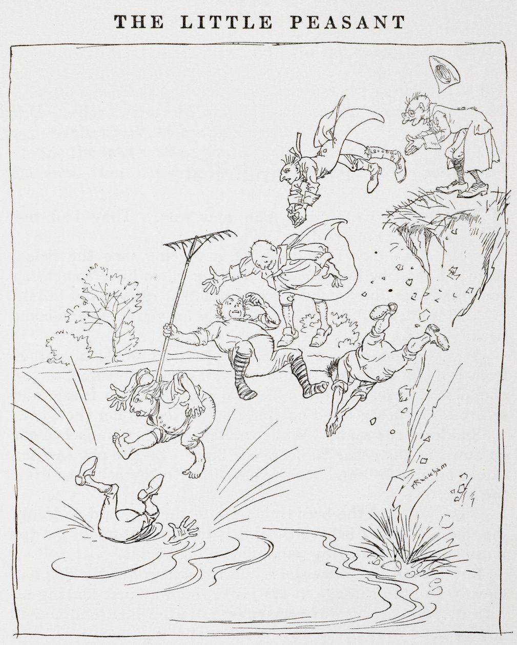 Illustration von Männern, die von einer Klippe in einen Teich springen, aus Die kleinen Bauern von Arthur Rackham