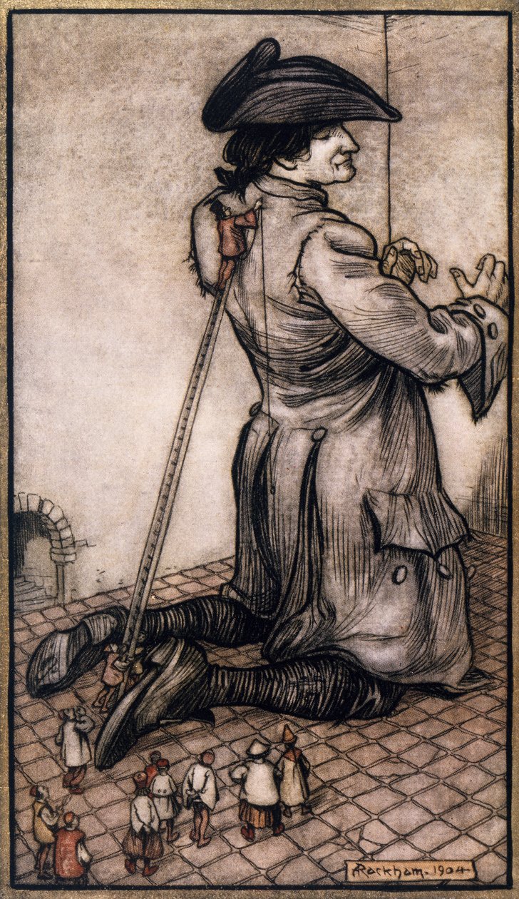 Liliputanische Schneider messen Gulliver für einen neuen Anzug, Illustration von Arthur Rackham (1867-1939) aus Gullivers Reisen von Jonathan Swift von Arthur Rackham