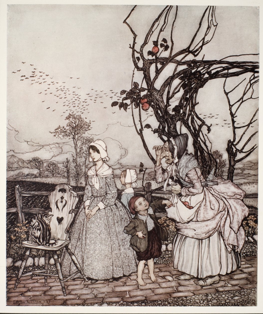 Mutter und Kinder kommen vom Apfelsammeln zurück (aus Rip Van Winkle von Washington Irving) von Arthur Rackham