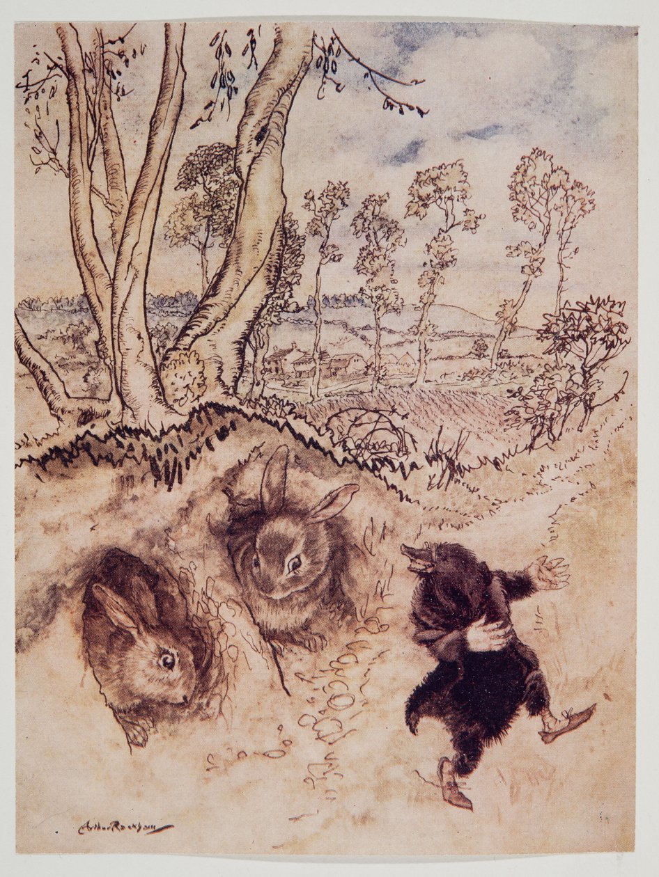 Zwiebelsoße! Zwiebelsoße! bemerkte er spöttisch und war verschwunden, bevor sie eine Antwort finden konnten, aus Wind in den Weiden von Kenneth Grahame (1859 - 1932), veröffentlicht 1940 von Arthur Rackham