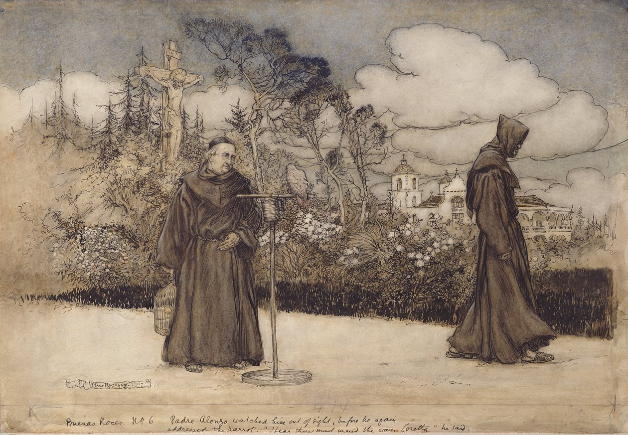Padre Alonzo beobachtete ihn, bis er außer Sicht war, Illustration aus Gute Nacht von Eleanor Gates, 1907 von Arthur Rackham