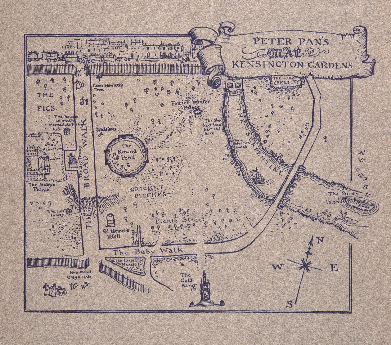 Peter Pans Karte der Kensington Gardens, aus Peter Pan in Kensington Gardens von J M Barrie, veröffentlicht 1906 von Arthur Rackham
