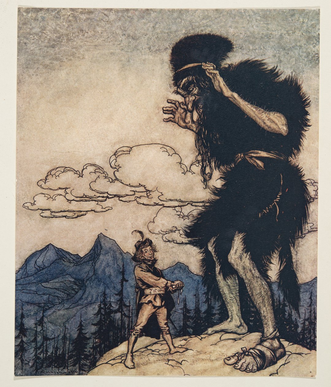 Er zog das Stück weichen Käse aus seiner Tasche und drückte es, bis die Feuchtigkeit herauslief, aus den Märchen der Brüder Grimm, veröffentlicht 1909 von Arthur Rackham