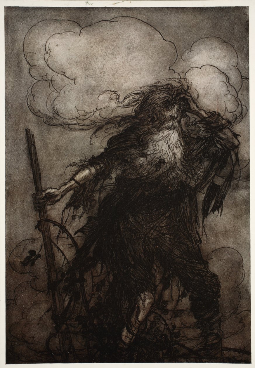 Rip wacht auf. Sicherlich, dachte er, habe ich nicht die ganze Nacht hier geschlafen? Oh! Dieser Krug! Dieser böse Krug! Welche Ausrede soll ich Dame Van Winkle machen? aus Rip Van Winkle von Washington Irving, veröffentlicht 1910 von Arthur Rackham