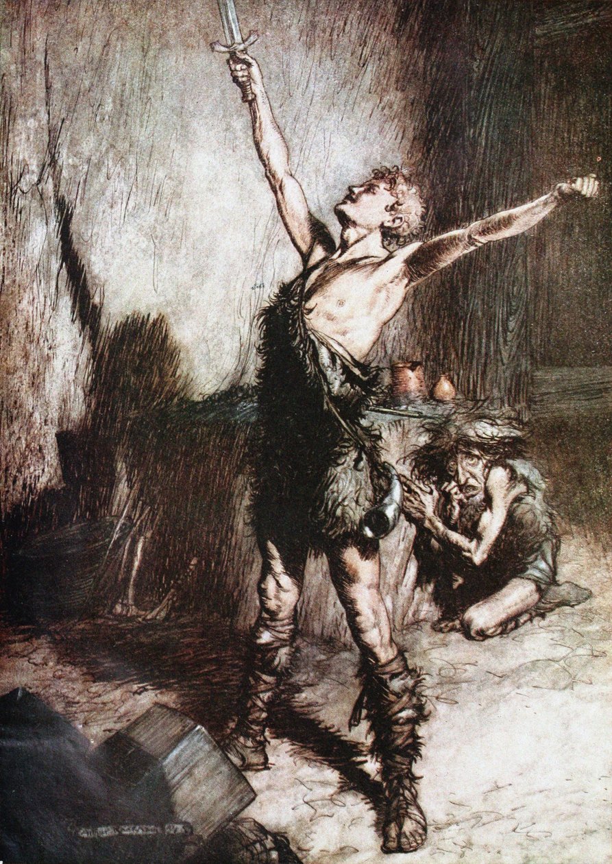 Siegfried schmiedet sein Schwert. Illustration für Siegfried und Die Götterdämmerung von Richard Wagner von Arthur Rackham