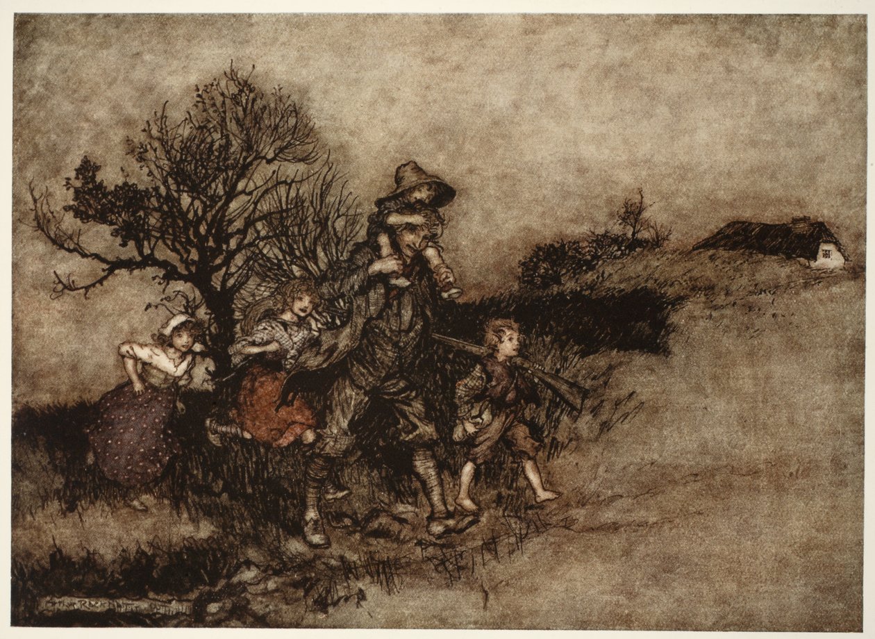 Umgeben von einer Schar von Kindern., aus Rip Van Winkle von Washington Irving, veröffentlicht 1910 von Arthur Rackham