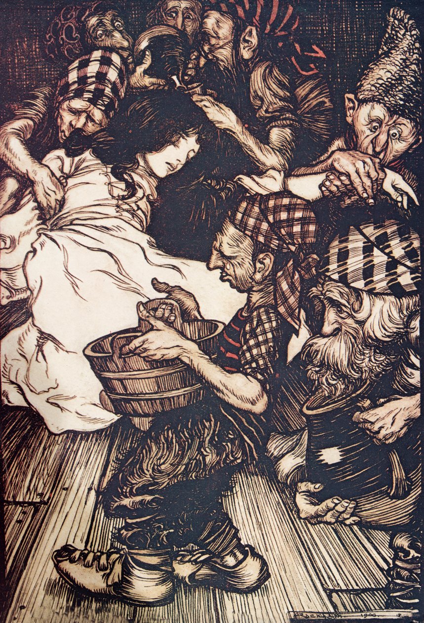 Die Zwerge fanden Schneewittchen am Abend auf dem Boden liegend, aus Die Märchen der Brüder Grimm, veröffentlicht 1909 von Arthur Rackham