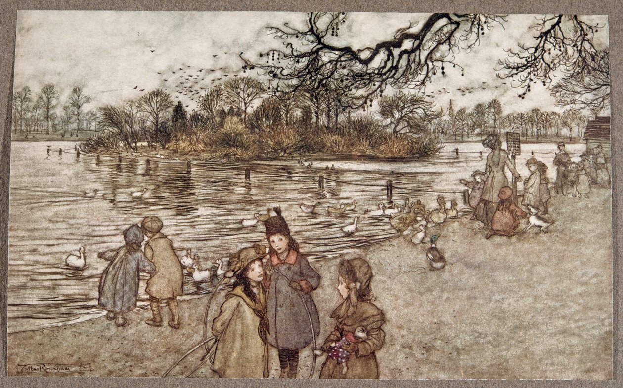 Die Insel, auf der alle Vögel geboren werden, die zu kleinen Jungen und Mädchen werden, aus Peter Pan in Kensington Gardens von J M Barrie, veröffentlicht 1906 von Arthur Rackham