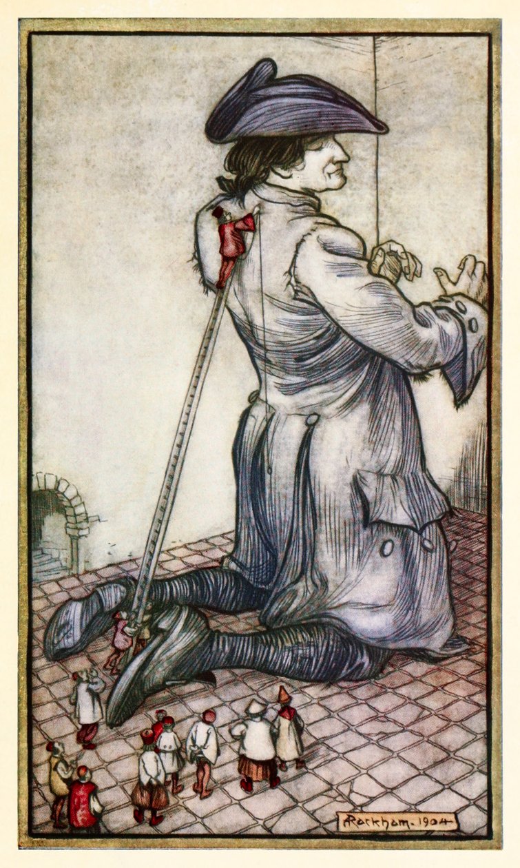 Die Lilliputanischen Schneider messen Gulliver für einen neuen Anzug, aus Teil I: Eine Reise nach Lilliput in Gullivers Reisen von Jonathan Swift von Arthur Rackham