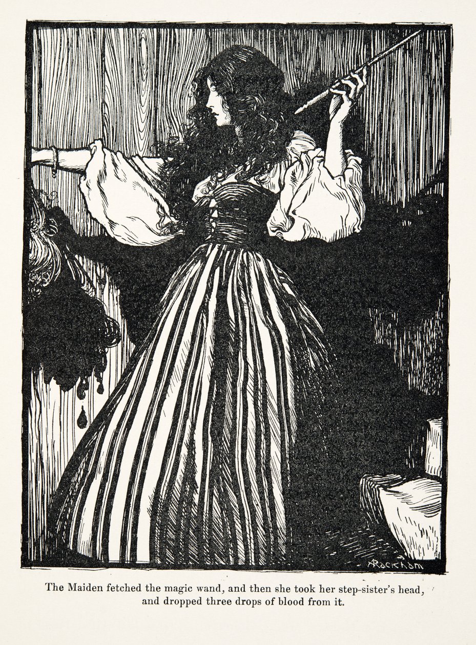 Das Mädchen holte den Zauberstab und ließ dann drei Tropfen Blut aus dem Kopf ihrer Stiefschwester fallen, aus Die Märchen der Brüder Grimm, veröffentlicht 1909 von Arthur Rackham
