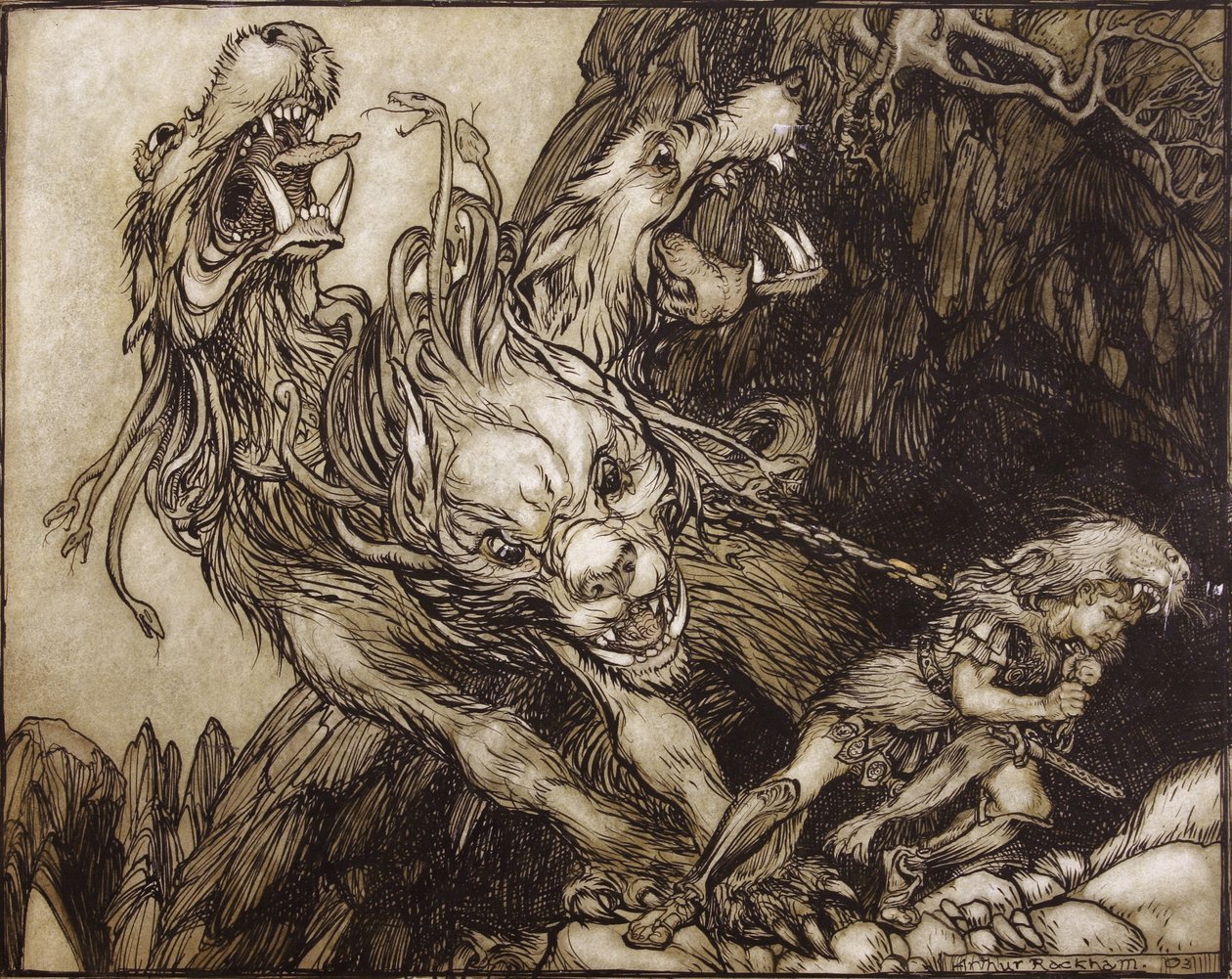 Die zwölfte Arbeit des Herkules, Illustration aus The Greek Heroes von B.G. Niebuhr, 1903 von Arthur Rackham