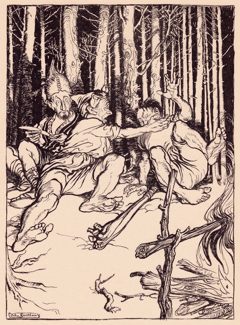 Der Riese gab dem, der neben ihm saß, eine Ohrfeige. Illustration von Arthur Rackham aus Grimms Märchen Der geschickte Jäger. von Arthur Rackham