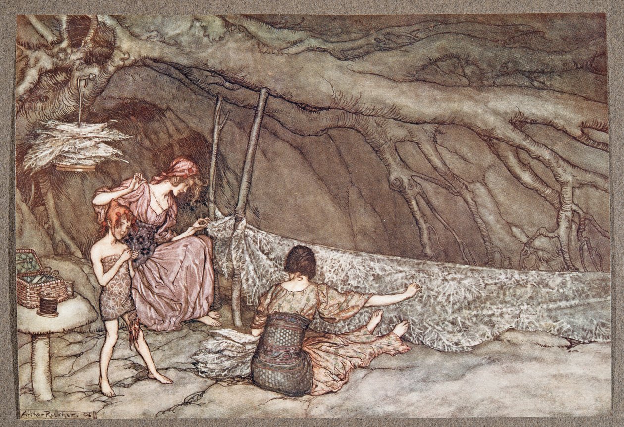 Die kleinen Leute weben ihre Sommergardinen aus Skelettblättern .., aus Peter Pan in Kensington Gardens von J. M. Barrie (1860 - 1937), veröffentlicht 1906 von Arthur Rackham