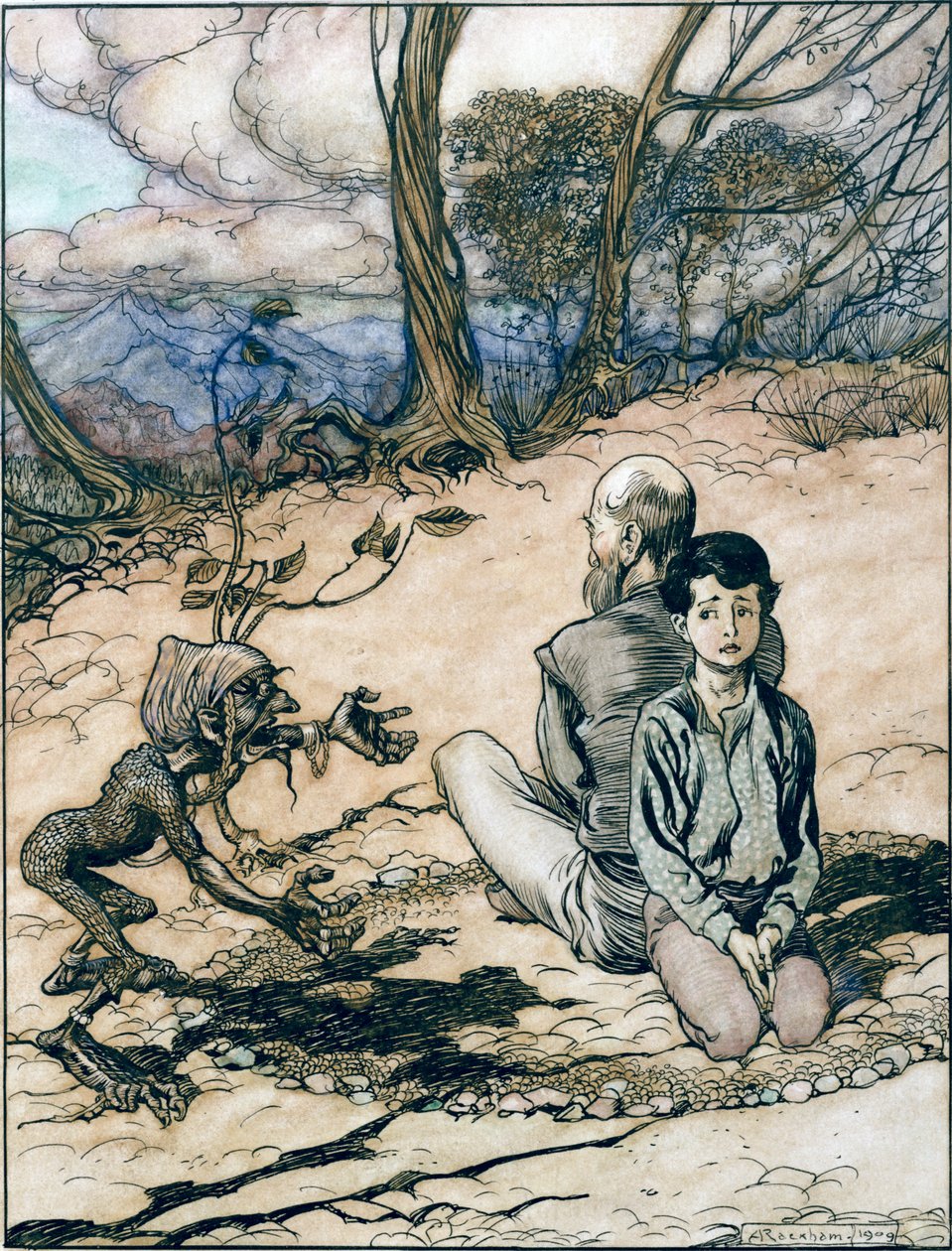 Der Sohn machte einen Kreis, und sein Vater und er nahmen Plätze darin ein, und der kleine schwarze Mann erschien, Illustration aus Der König vom goldenen Berg in Die Märchen der Brüder Grimm von Arthur Rackham