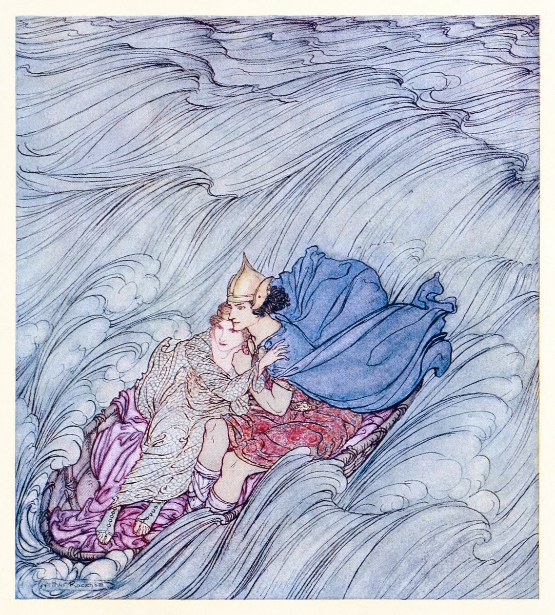 Die Wellen aller Welten schienen in einem riesigen grünen Teppich an ihnen vorbeizuwirbeln aus Becuma of the White Skin in Irish Fairy Tales von Arthur Rackham