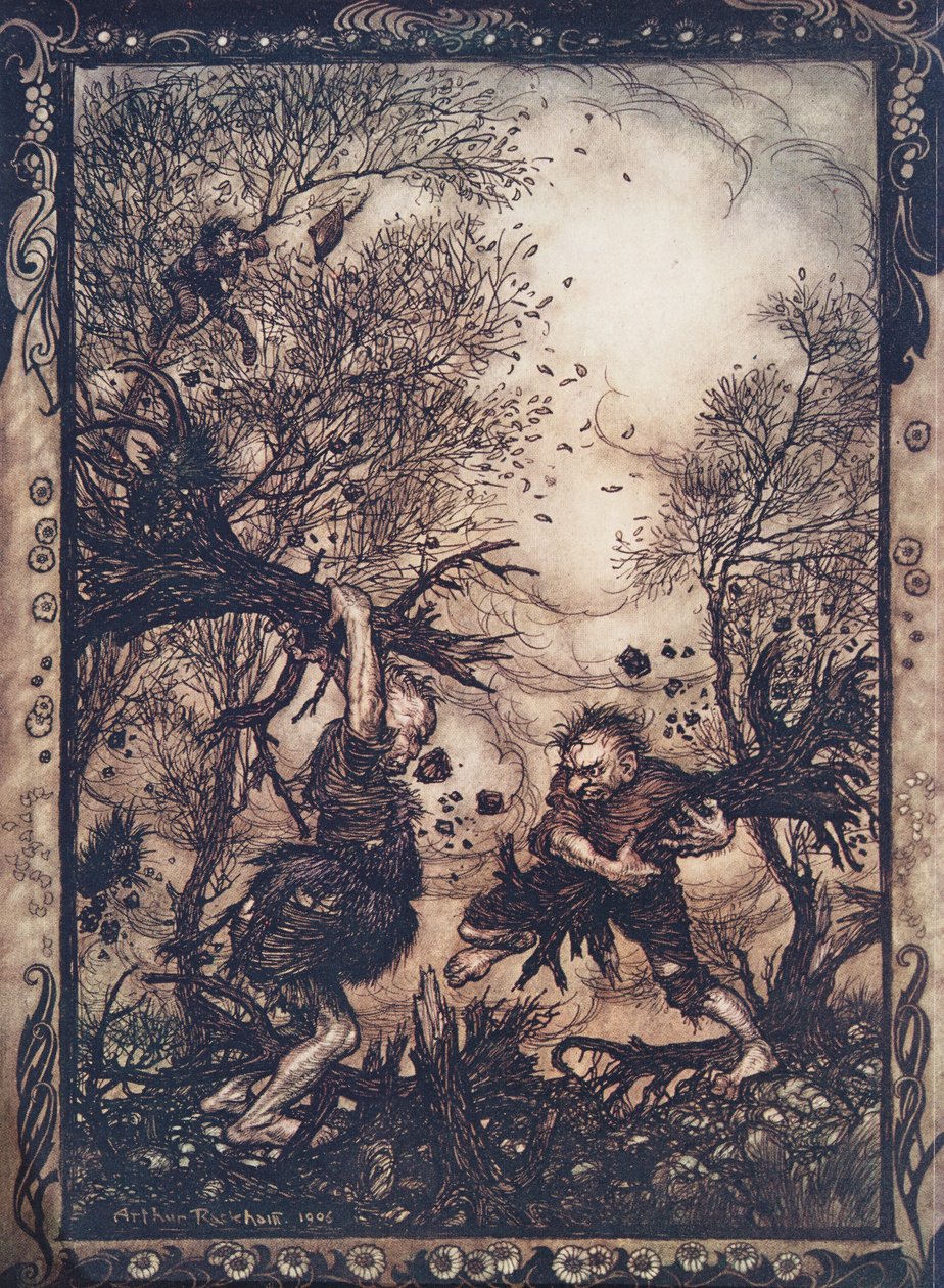 Sie gerieten in solche Wut, dass sie Bäume mit den Wurzeln ausrissen und aufeinander einschlugen, bis sie beide tot umfielen, aus Die Märchen der Brüder Grimm, veröffentlicht 1909 von Arthur Rackham