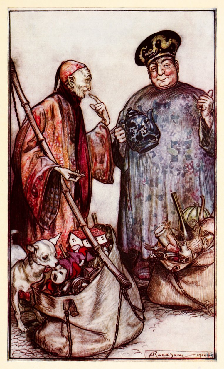 Zwei dieser Weisen... wie Hausierer unter uns (die sich mit den Dingen ausdrücken, die sie mit sich herumtragen), aus Teil III: Eine Reise nach Laputa, Balnibarbi, Luggnagg, Glubbdubdrib und Japan in Gullivers Reisen von Arthur Rackham