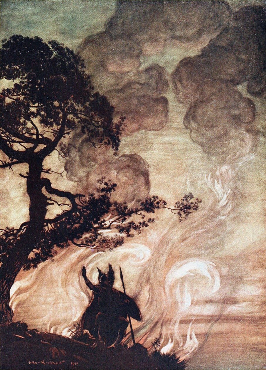Wotan dreht sich um und blickt traurig auf Brünnhilde zurück ...