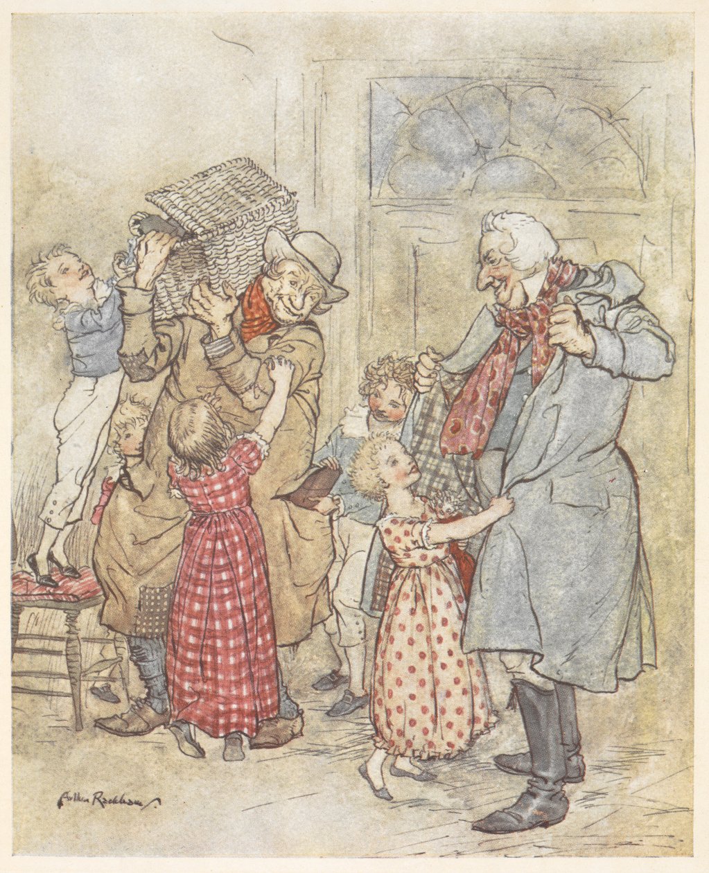Junge Kinder, die zwei älteren Männern helfen, ihre Mäntel auszuziehen, während sie ein Haus mit Weihnachtsgeschenken betreten von Arthur Rackham